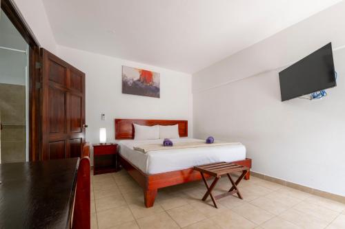 a bedroom with a bed and a flat screen tv at Fuego del Sol Beachfront Hotel in Jacó