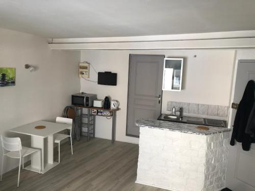 Il comprend une petite cuisine avec un évier et un comptoir. dans l'établissement Studio centre ville Vichy, à Vichy
