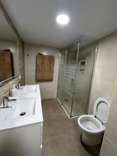 a bathroom with a shower and a sink and a toilet at Mercado Chico SUITES in Avila