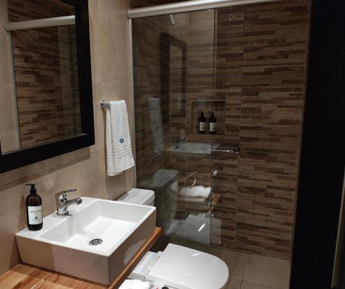 a bathroom with a sink and a toilet and a shower at Pacifico Hotel in Buenos Aires