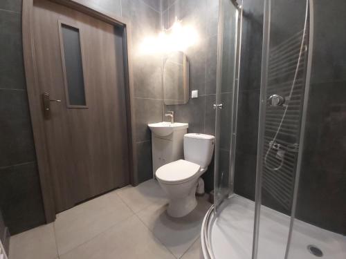 a bathroom with a toilet and a walk in shower at 1130 Wojciechowskiego 6A - Tanie Pokoje w Apartamencie - samodzielne zameldowanie in Poznań