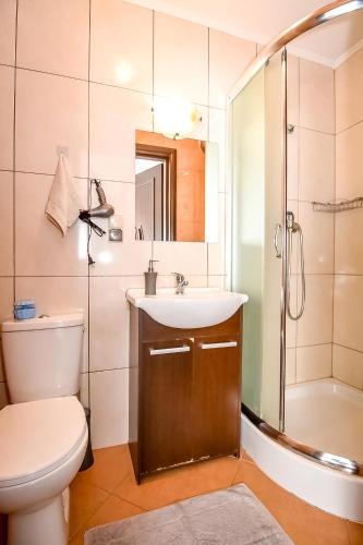 a bathroom with a toilet and a sink and a shower at Marysieńka Pokoje Hrube Wyżne 12A in Zakopane