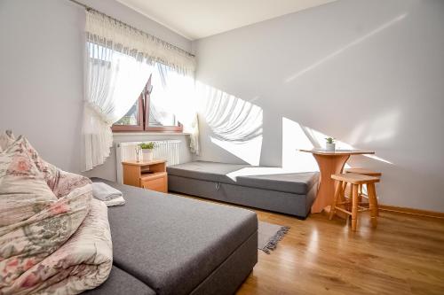 a living room with a couch and a window at Marysieńka Pokoje Hrube Wyżne 12A in Zakopane