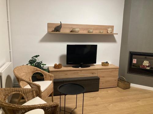 a living room with a tv and a cat on a shelf at Apartament La Perla in Gironella