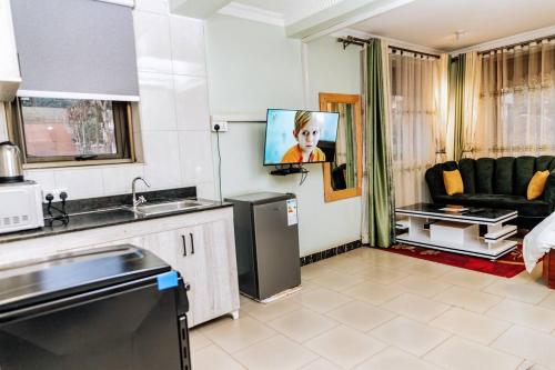 カンパラにあるJodan Apartmentsのキッチン(ソファ、テレビ付)