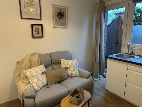 ヴァランシエンヌにあるLeRelaisdOdile - Studio Confort - Proche Hôpital - Idéal Couple & Travailleur- Accès Autoroute Rapideのソファと洗面台のあるリビングルーム