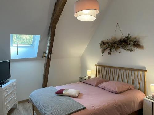 Cette chambre comprend un lit avec des draps roses et une télévision. dans l'établissement Les Gîtes de La Pellerie - 20 personnes - piscines intérieure & extérieure et Jacuzzi - 3 gîtes, à Saint-Branchs