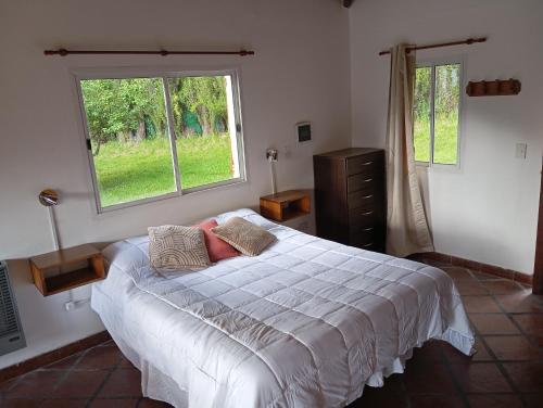 a bedroom with a large bed and a window at Cabaña Mauka in El Bolsón