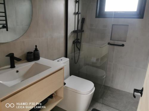 a bathroom with a shower and a toilet and a sink at Emai in Las Trancas