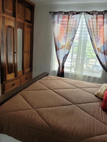 a bedroom with a bed and a window with curtains at New Kingston Gem in Kingston