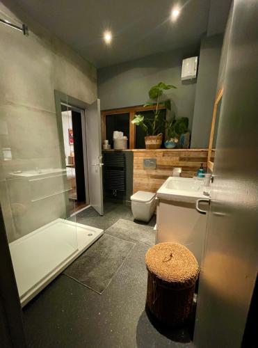 a bathroom with a shower and a toilet and a sink at Great room in cool house in York