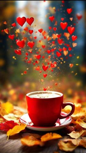 a red coffee cup on a saucer with hearts flying at Dimora di Charme Rooms & Apartments in Peschiera del Garda