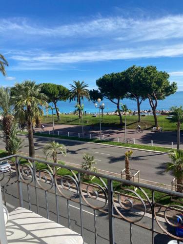 une vue sur un parc avec des palmiers et l'océan dans l'établissement Appartement Nice Promenade, à Nice