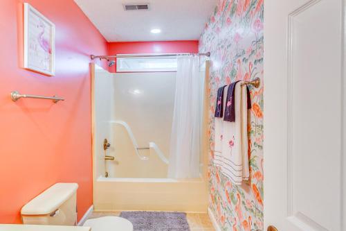 a bathroom with a toilet and a shower at 3 Mi to Ocean Home with Deck in Little River! in Little River