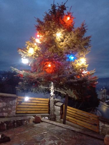 a christmas tree with lights on top of a fence at SMEŠTAJ SOLARIS kod Aqua Parka SUPERIOR & FAMILY Apartments in Soko Banja