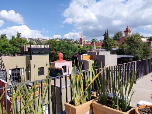 a view of a city from a balcony with plants at Casa Clemente in San Miguel de Allende