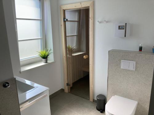 a bathroom with a toilet and a sink and a window at Jette in Mellnitz