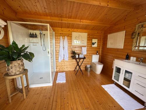 a bathroom with a shower and a toilet in a cabin at Tuki Glamping in Havelock North