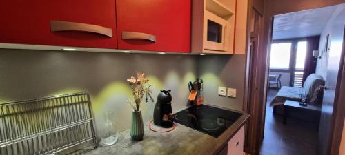 La cuisine est équipée d'un évier et d'une armoire rouge. dans l'établissement Résidence Zenith - 2 Pièces pour 5 Personnes 884, à Aime La Plagne