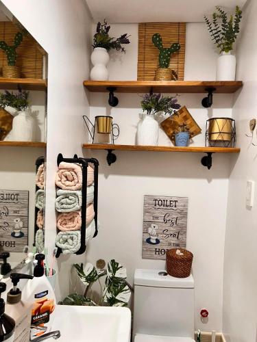 a kitchen with shelves above a toilet in a room at SMDC Green 2 Staycation, The Traditional & Modern Fusion Condo in Pasong Bayog
