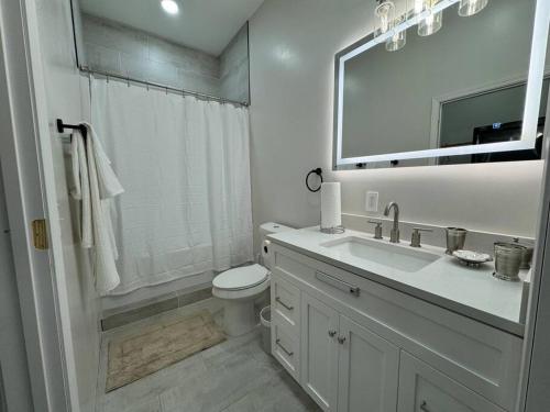 a bathroom with a sink and a toilet and a mirror at A Charming Villa in Vidalia GA - New Construction in Vidalia