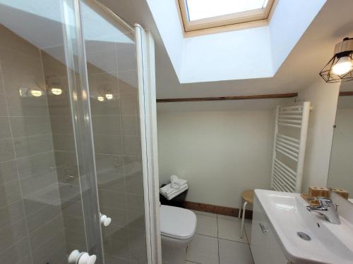 une salle de bain avec une douche, des toilettes et un lavabo dans l'établissement Bel appartement 3 chambres avec balcon & parking aux Gets - FR-1-598-182, aux Gets