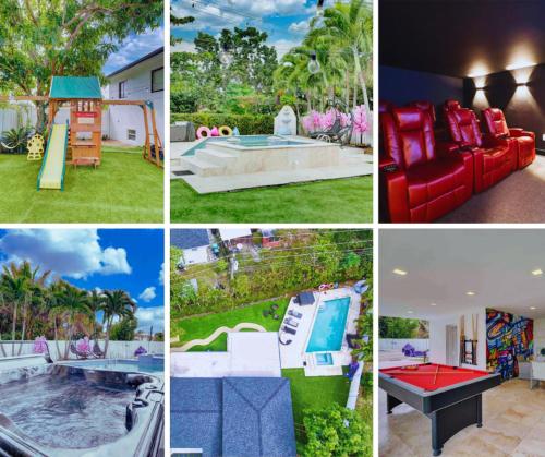 a collage of pictures of a house with a pool at The Palms Villa with Cinema, Game Table, Pool, Jacuzzi , Giant Chess, 8 Beds in Miami