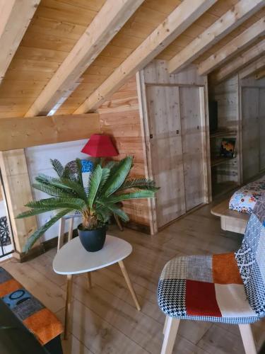 a room in a log cabin with a potted plant at Appartement confortable à Séez de 70 m² avec balcon in Séez