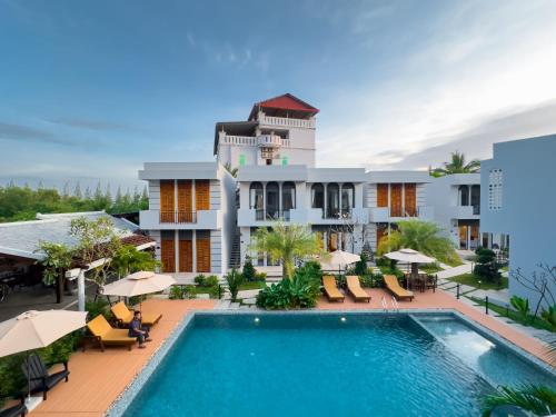an aerial view of the resort with a swimming pool at The R&B Boutique in Kampot