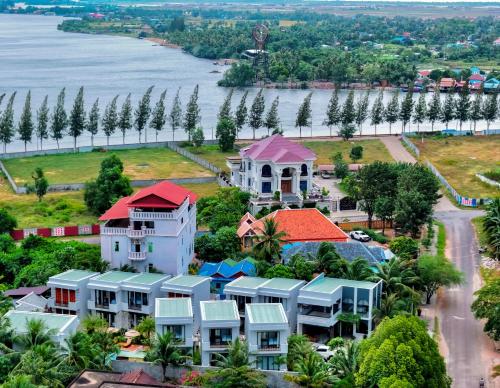 an aerial view of a resort with a body of water at The R&B Boutique in Kampot