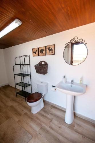 a bathroom with a sink and a toilet and a mirror at Finca Jardín del Norte in Gáldar