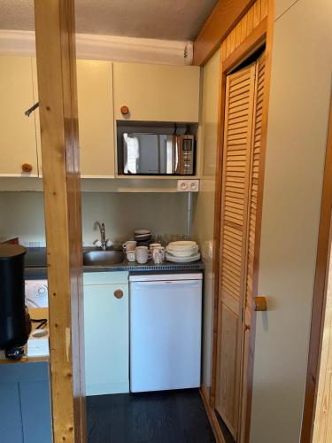 une petite cuisine avec un évier et un micro-ondes dans l'établissement Appartement de montagne, à Prémanon
