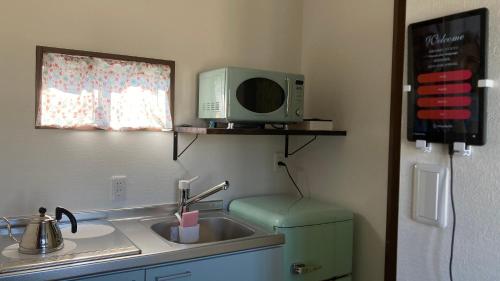 a kitchen with a sink and a microwave at Awaji Island Trailer House Rental Villa Yunetomari Akashi in Awaji