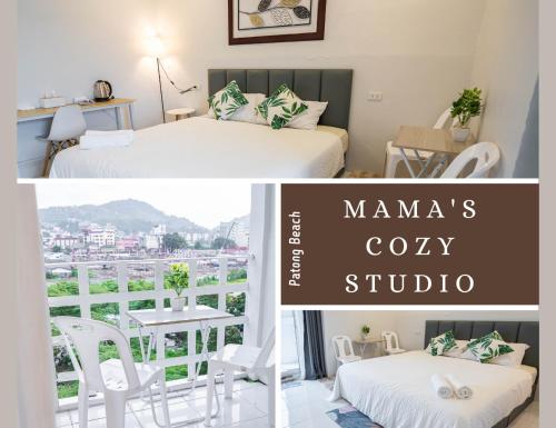a bedroom with a bed and a table and a balcony at Mama's Cozy Studio - Patong Beach in Patong Beach