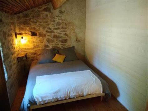 a bedroom with a bed in a stone wall at Gîte les Pieds dans l'eau 10 min du Puy du Fo in Treize-Vents