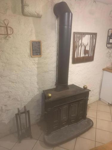 a black stove in a room with a wall at Gîte de la Bastide - Cabania Pays Cathare in Camps-sur-lʼAgly