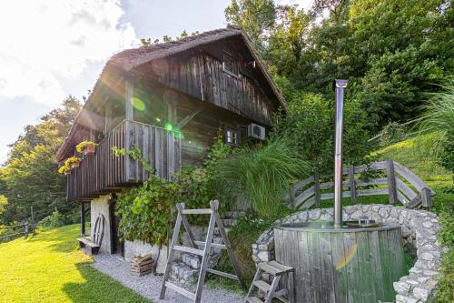 an old wooden house with a fountain in front of it at Vineyard Cottage Skatlar in Otočec