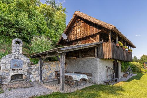 a building with a stone oven in a yard at Vineyard Cottage Skatlar in Otočec