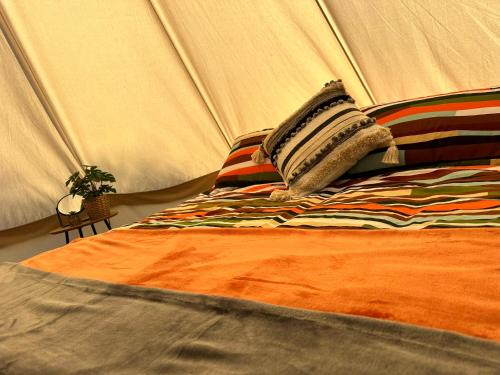 大圣科勒姆Lakeside Glamping Firecrest的帐篷内的一张带枕头的床