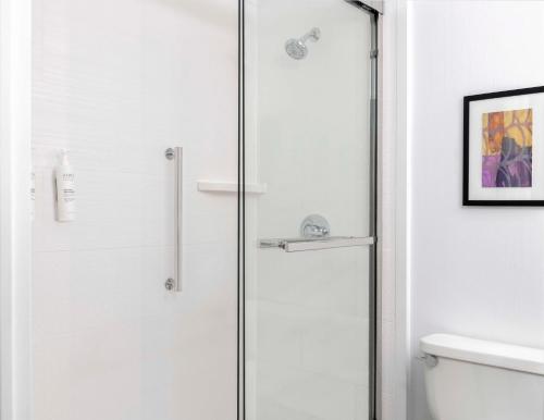 a shower with a glass door in a bathroom at Hilton Garden Inn Denver Airport in Aurora