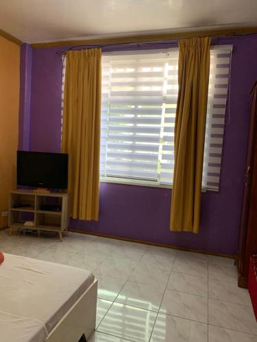 a bedroom with purple walls and a bed and a television at Germaroze in Oslob