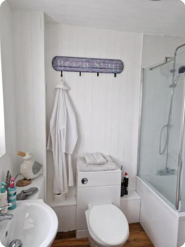 a bathroom with a toilet and a shower and a sink at Imogens Bed & Breakfast in Seaford