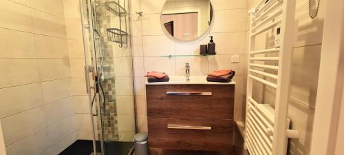 a bathroom with a sink and a shower at Gîte des Forges, au cœur d'une cité médiévale in Moncontour