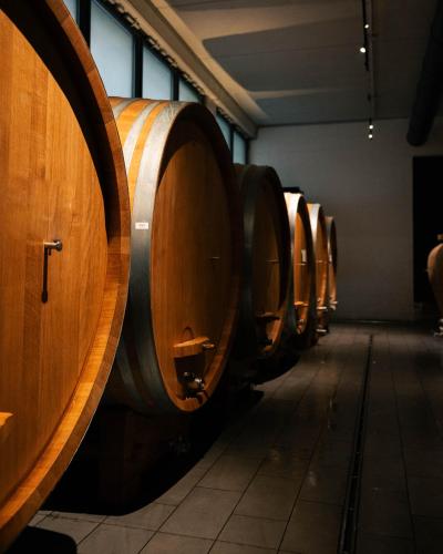 a row of wooden barrels in a wine cellar at Foresteria, Winery & Events Destination in Monforte dʼAlba
