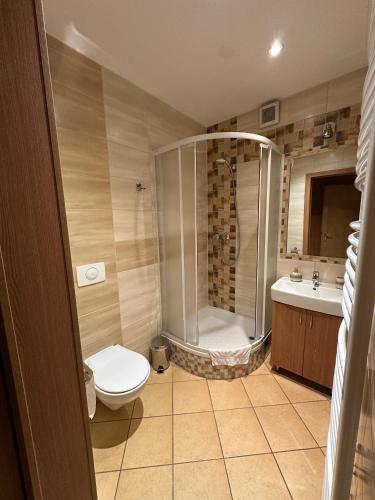 a bathroom with a shower and a toilet and a sink at Star in Poprad