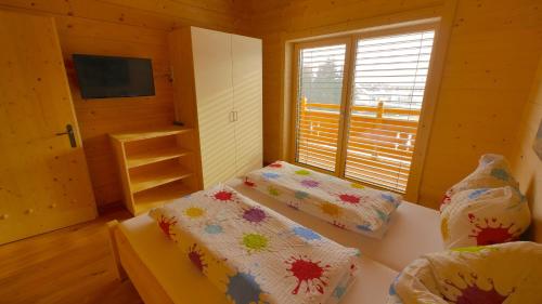 Habitación con 2 camas, TV y ventana. en Ferienwohnung Zillertal - Schwemberger, en Fügen