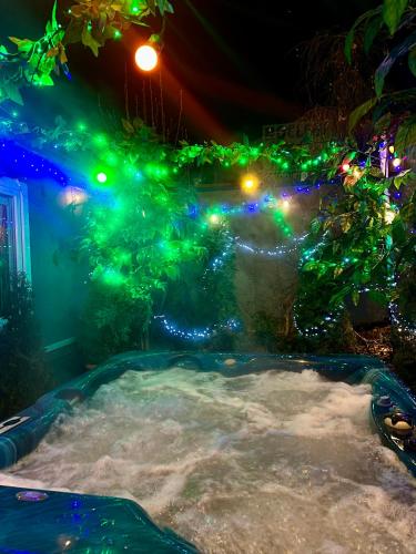 a hot tub with christmas lights in a yard at ZAJAZD ALBATROS Rzeszów SPA in Rzeszów