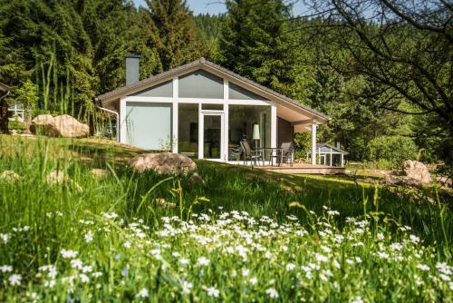a cottage in the woods with a field of flowers at 2 bis 4 Personen F3H2 in Ruhla