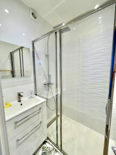 une salle de bain avec douche et lavabo dans l'établissement Bella vista luxe 2 chambres, à Cannes