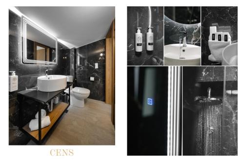 two pictures of a bathroom with a sink and a toilet at Cens Platinum Luxury Suites in Ioannina